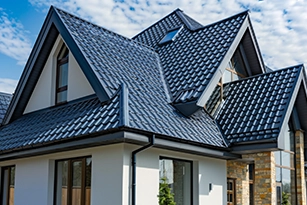 Modern residential home with black metal roofing