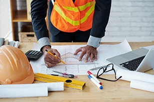 General contractor reviewing project plans and blueprints