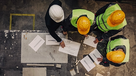 Construction team reviewing project plans on site