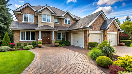 Beautiful residential home exterior with upgraded roofing
